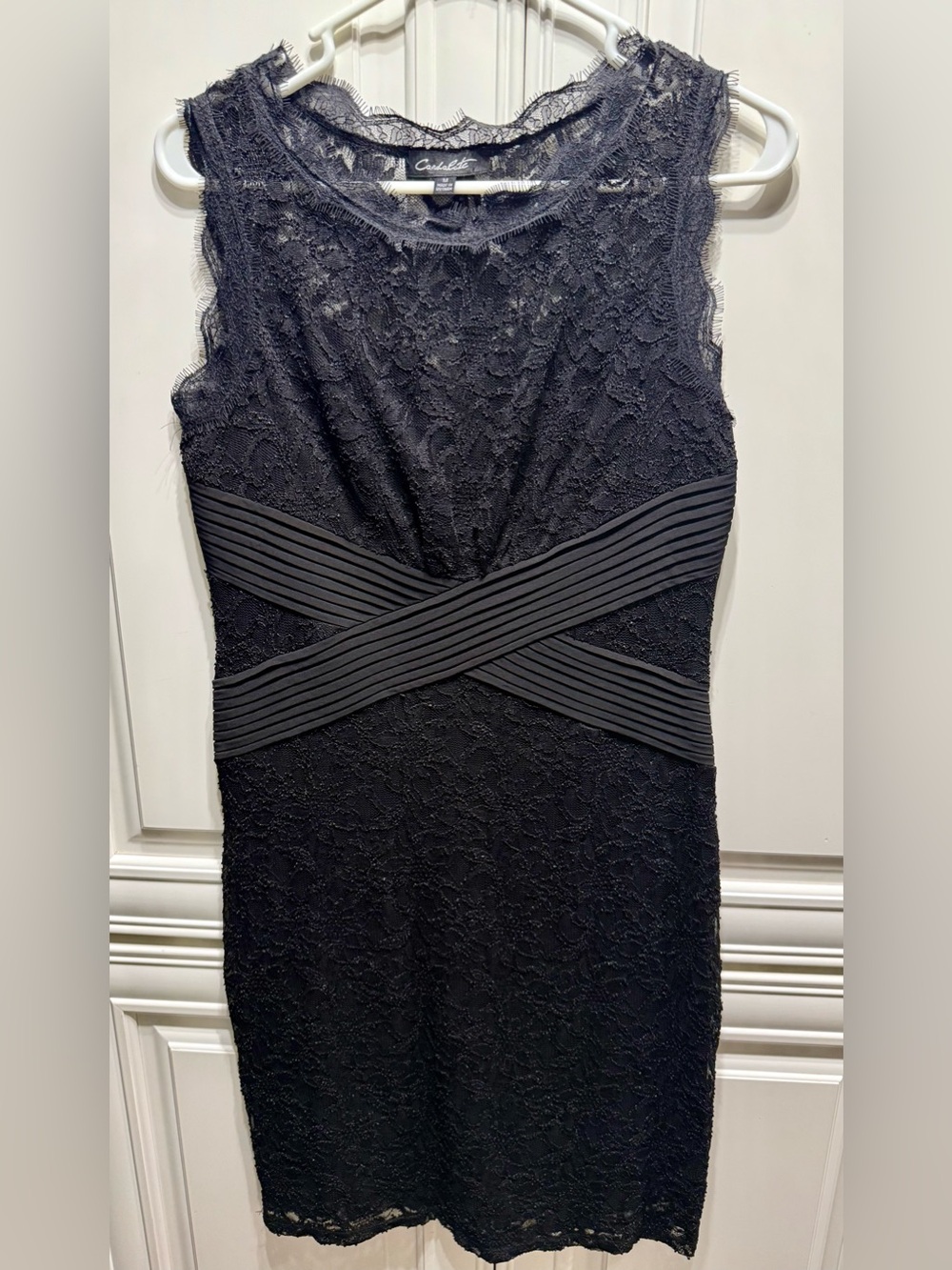 Sleeveless Black Lace Midi Dress with Crisscross Waistband